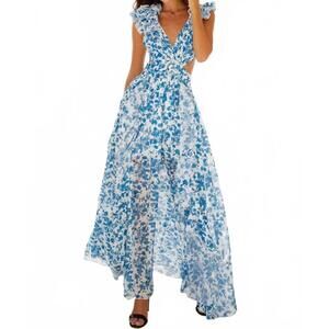 NEW LILY CLOTHING cut out deep v ruffled floral backless dress in blue